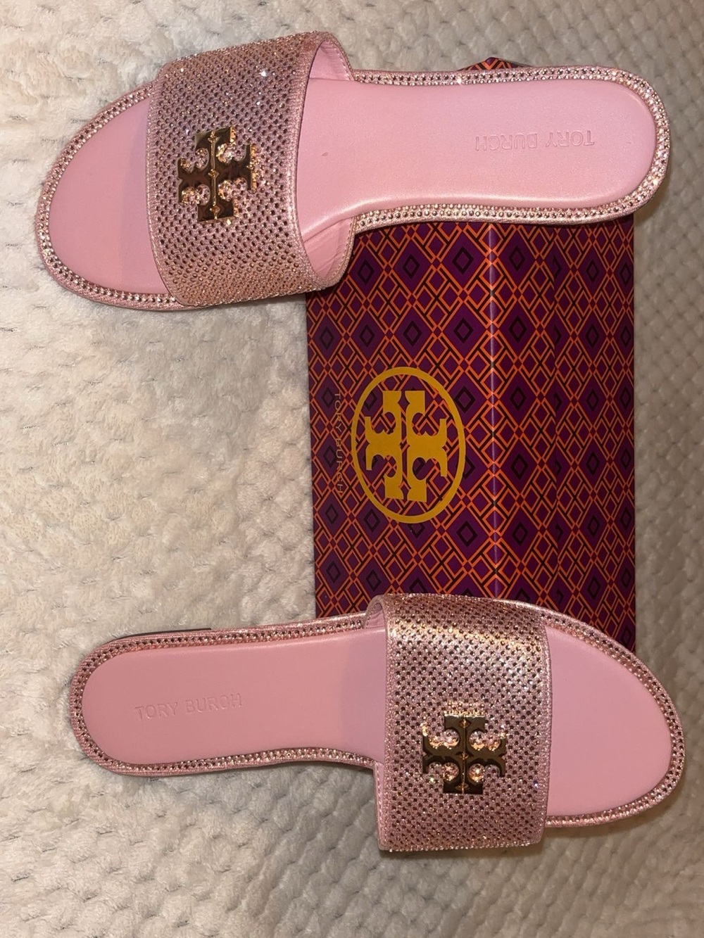 Tory Burch Pink Crystal-Embellished Slide Sandals with Gold Logo - Picture 3 of 3